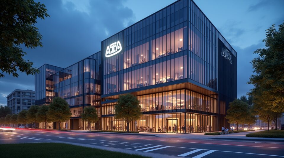 Façade moderne d'un bâtiment avec logo A&TA.