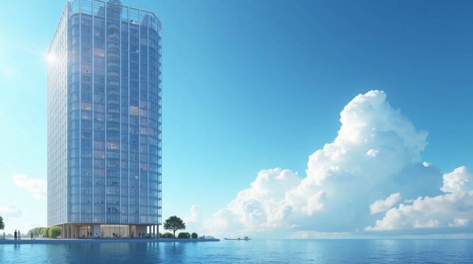 Façade moderne avec logo de 'Cecile Briat Blog', ciel bleu et gratte-ciel en fond